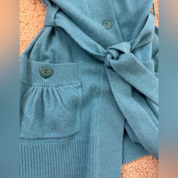 Beth Bowley Teal Knit Cardigan Long - Medium Cashmere Belted Sweater V-neck - Picture 11 of 12